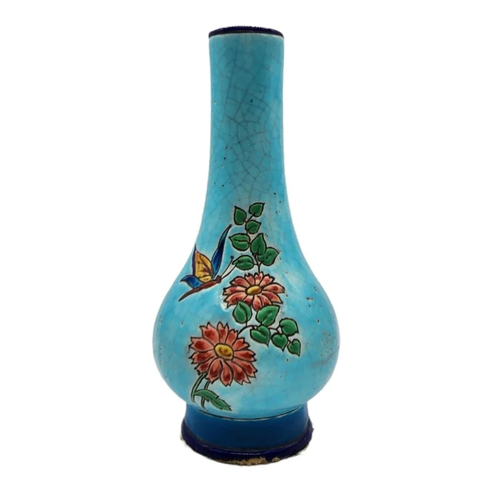 Emaux de LONGWY A La Main Enameled Vase Butterfly Flowers Made in France 8.75